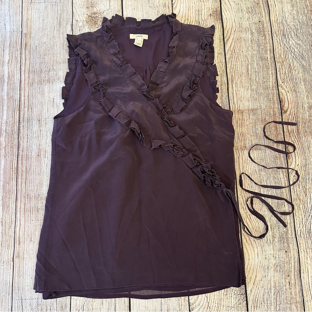 J Crew Sleeveless Wrap Blouse 4 Purple 100% Silk Ruffled Purple Office Holiday - Picture 5 of 8